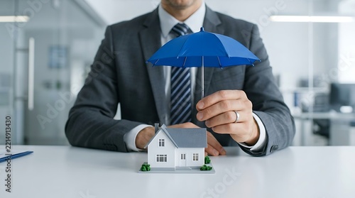 Businessman holding blue umbrella over house model for protection and insurance coverage concept