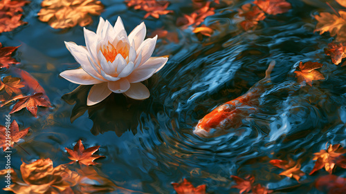 水面に浮かぶ紅葉と睡蓮の間を泳ぐ鯉
