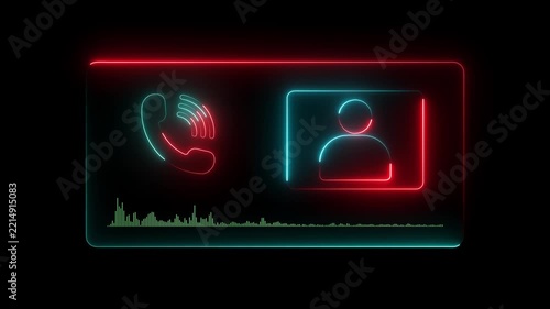 Neon glowing contact and user profile icons on a dark background, featuring vibrant pink and blue light effects with an audio waveform. Modern digital communication and technology