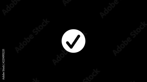 Minimal white check mark icon inside a circular badge with radiating lines on a black background, representing success, approval, verification, confirmation, validation,