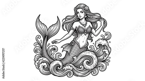 Intricate Black and White Mermaid Line Art Illustration with Ocean Waves for Adult Coloring Book