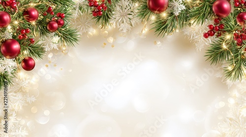 Festive Holiday Frame with Red Ornaments, Pine Branches, and Shimmering Lights for Seasonal Celebrations and Greetings