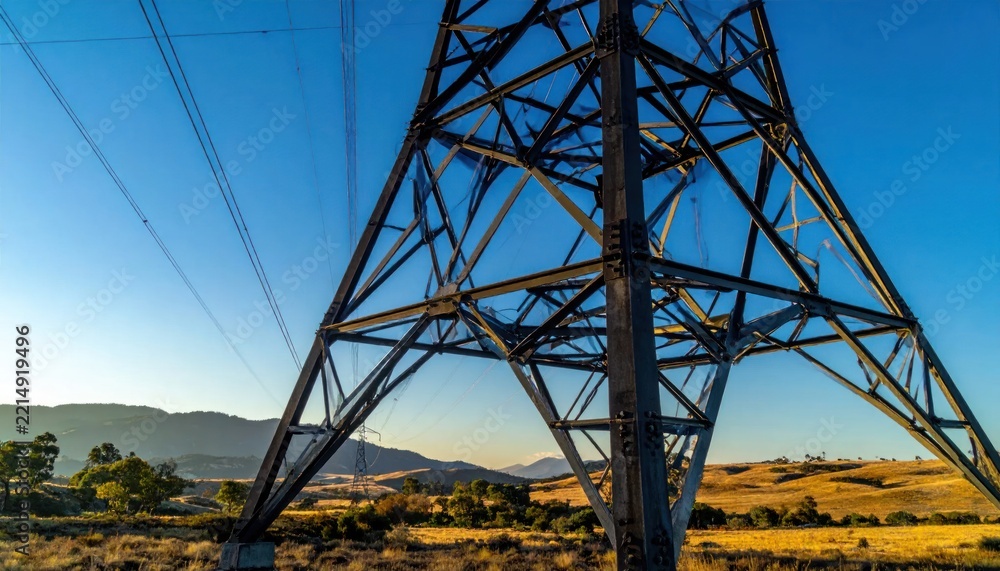 Obraz premium Close-up view of a towering high-voltage electricity pylon against a clear blue sky, with rolling hills in the background at sunset.