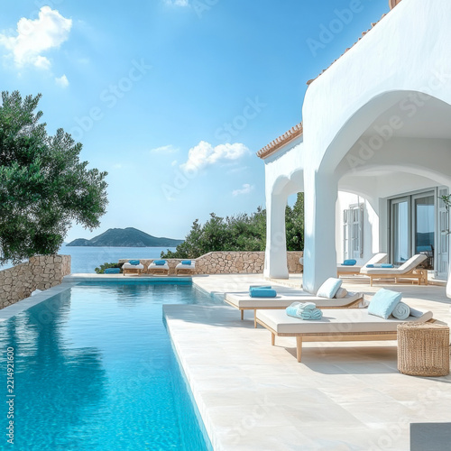 Terrace in villa with sunbeds and swimming pool with clear blue water