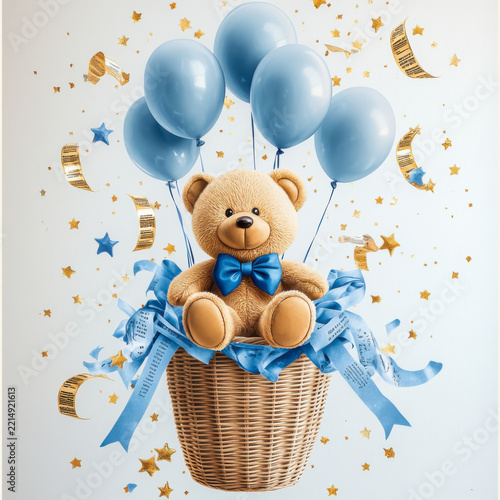 Watercolor Bear with blue balloons Isolated on a white background
