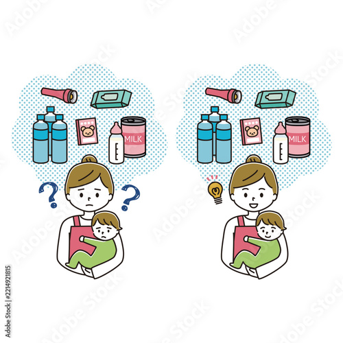 赤ちゃんを抱っこして、防災グッズを迷うお母さんとひらめくお母さんのイラストセット