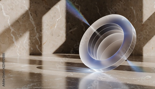 Transparent Glass Ring Lens Refracting Light Prism and Shadows on Marble Podium