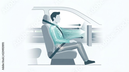 A representation of how seat belts and airbags work together to protect a person in a vehicle during an accident, inside a car interior.