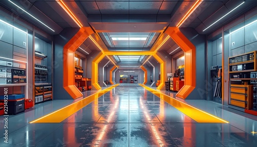 High-tech futuristic corridor with orange lighting and hexagonal design.