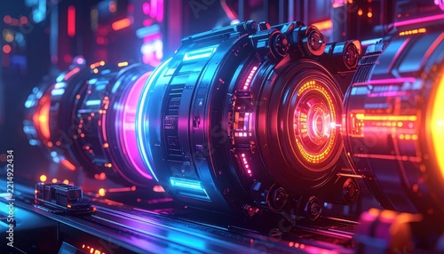 High tech fusion reactor core with neon rings.