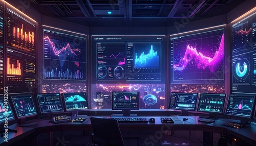 High-tech control room with multiple data monitoring screens.