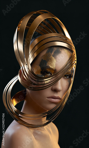 Digital art portrait of a woman framed by bronze bands with metallic face paint on a dark background
