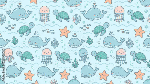Cute cartoon sea creatures pattern with whales, turtles, jellyfish, and starfish.