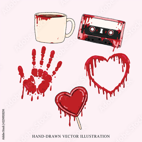 Bloody Horror Symbols With Handprint Cassette Mug and Heart Hand Drawn Illustration