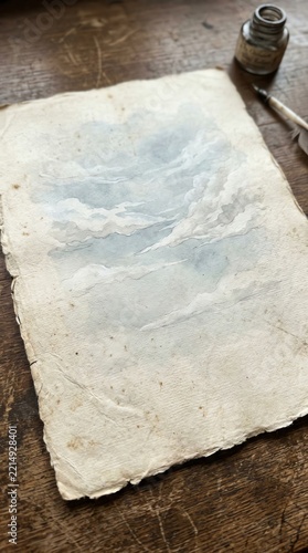 Old parchment paper with ink bottle and quill on rustic wooden surface for writing or art projects.