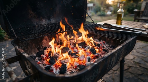 Outdoor Barbecue Grill with Flames and Charcoal.