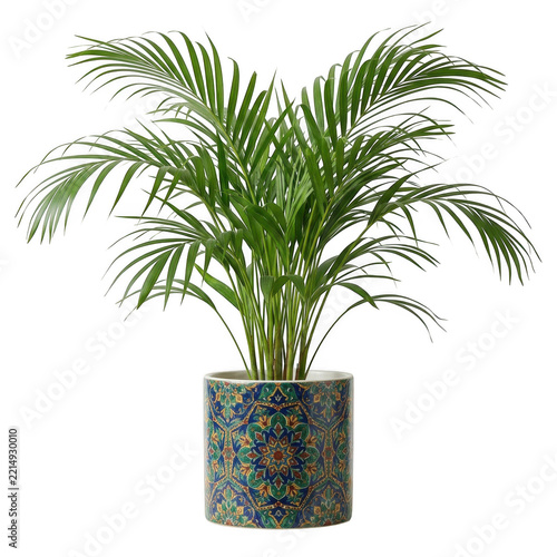 Potted areca palm plant with intricate blue and gold mandala pattern pot