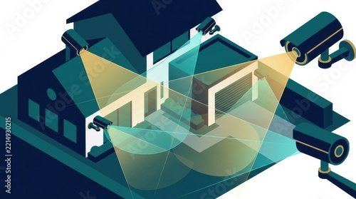 Cameras are positioned around a house and garage area. They help enhance safety and security for personal and workplace environments.