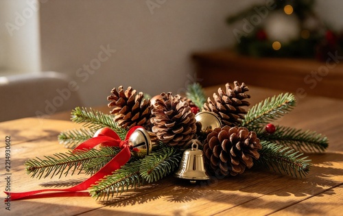 Pinecones and Metal Bells, Red Ribbon Festive Natural Decoration