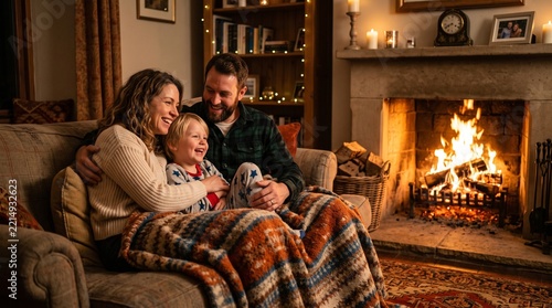 Happy family enjoying warm cozy evening by the fireplace at home