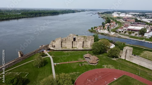 Smederevo Fortress and Danube River, aerial sightseeing, Smederevo, Serbia. g2.
