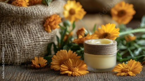 calendula flowers alongside a handmade natural skin balm; traditional herbal remedies, generative ai