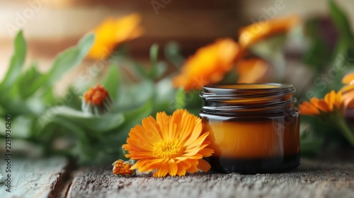 calendula flowers alongside a handmade natural skin balm; traditional herbal remedies, generative ai