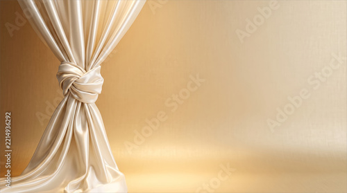 Cream silk curtain knotted on the left with warm gold wall lighting