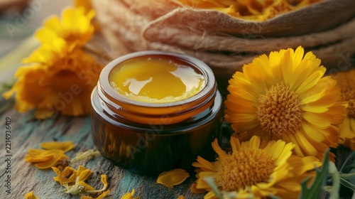 calendula flowers alongside a handmade natural skin balm; traditional herbal remedies, generative ai