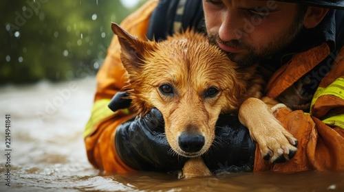 firefighter carrying a rescued dog through floodwaters; generative ai