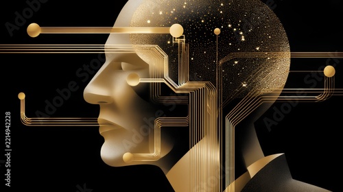 Golden metallic human profile with glowing digital circuit board lines artificial intelligence brain tech concept overlay