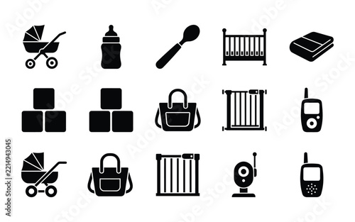 Set of black baby care and parenting equipment icons with baby icon baby carriage baby bottle