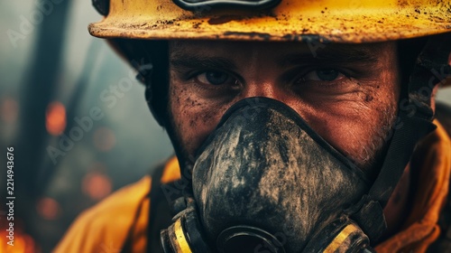 firefighter removing protective mask after a wildfire suppression operation; tired, expressive eyes generative ai
