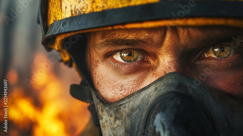 firefighter removing protective mask after a wildfire suppression operation; tired, expressive eyes generative ai