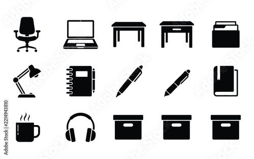 Set of black office and workspace icon symbols including computer furniture stationery