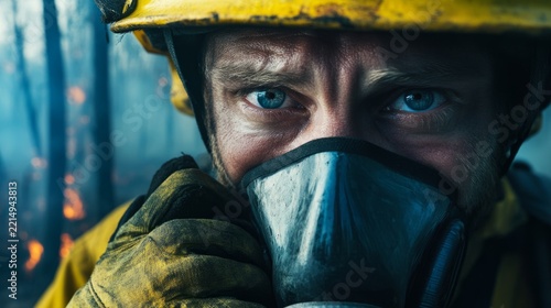 firefighter removing protective mask after a wildfire suppression operation; tired, expressive eyes generative ai