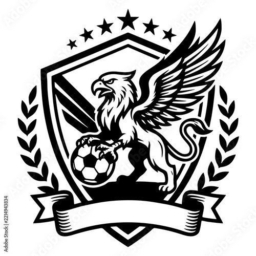 Black and white sports badge featuring a griffin holding a soccer ball