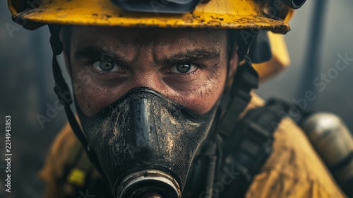 firefighter removing protective mask after a wildfire suppression operation; tired, expressive eyes generative ai