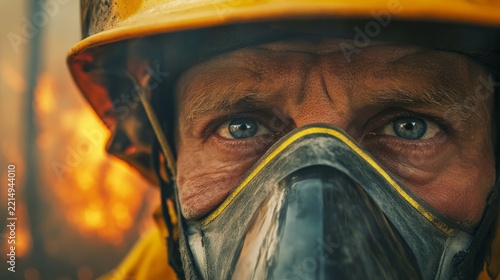 firefighter removing protective mask after a wildfire suppression operation; tired, expressive eyes generative ai