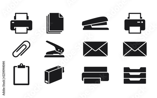 Collection of business administrative and printing office supply equipment icons in black silhouette