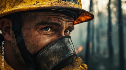 firefighter removing protective mask after a wildfire suppression operation; tired, expressive eyes generative ai