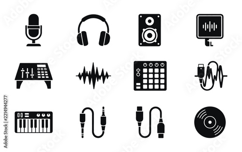 Audio recording and music production studio equipment icons including instruments sound waves