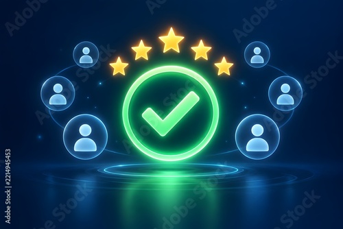 Customer Satisfaction and Quality Review Concept with Five Gold Stars Glowing Checkmark and User Feedback Icons