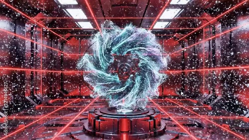 Futuristic science laboratory core with glowing energy sphere and lasers.
