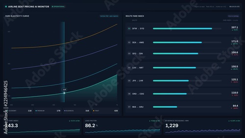 Airline seat pricing ai monitor dashboard in 4k, for airline revenue management, dynamic fare optimization, route performance analytics for modern pricing teams