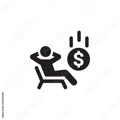 Solid black icon of a person relaxing in a chair with falling money symbols relaxing investing financial business