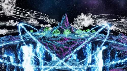 Futuristic wireframe floating island with neon blue energy rings