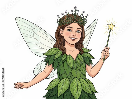 Young fairy with green leaf costume and wand