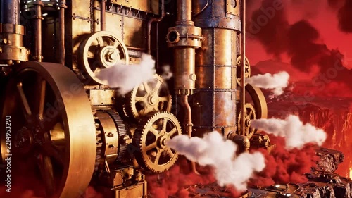 Giant technological tower in a fiery volcanic wasteland landscape.