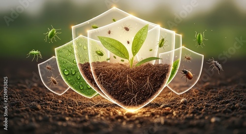 A protective shield surrounds a seedling growing in rich soil. Numerous insects, including beetles and aphids, are depicted attempting to reach the plant, but are blocked by the shield.